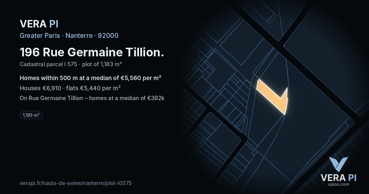 196 Rue Germaine Tillion, Nanterre at night – the plot lit, the parcels around coloured by the prices near them