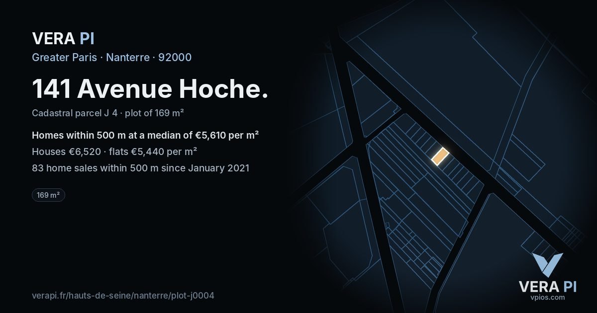 141 Avenue Hoche, Nanterre at night – the plot lit, the parcels around coloured by the prices near them