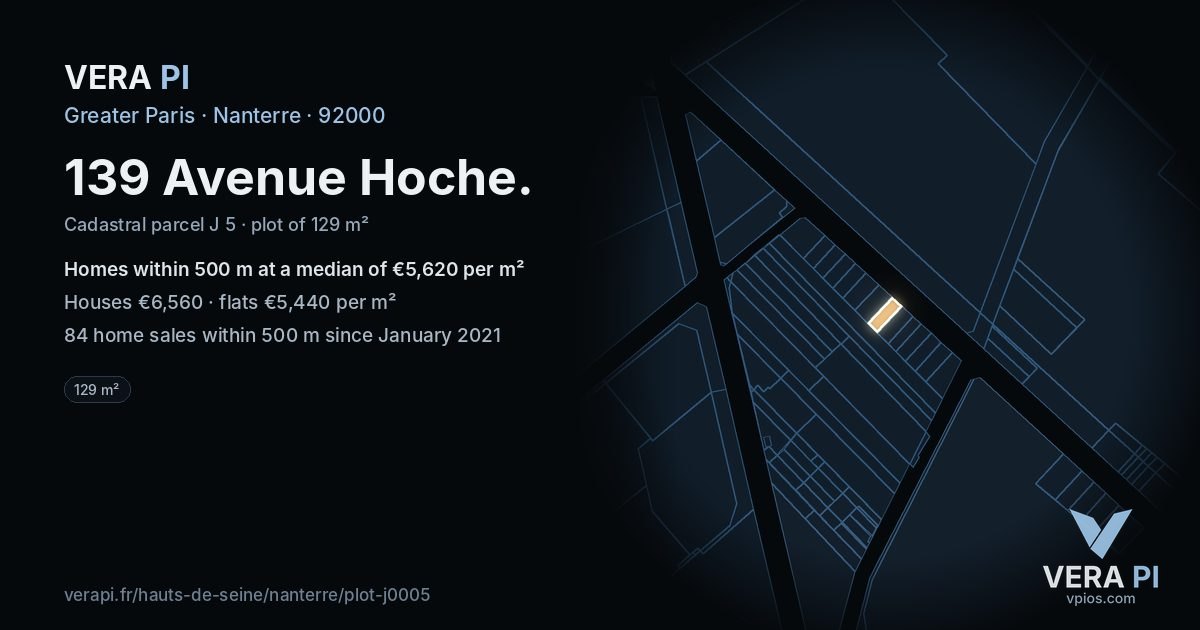 139 Avenue Hoche, Nanterre at night – the plot lit, the parcels around coloured by the prices near them