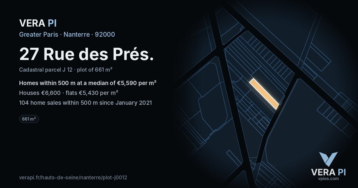 27 Rue des Prés, Nanterre at night – the plot lit, the parcels around coloured by the prices near them