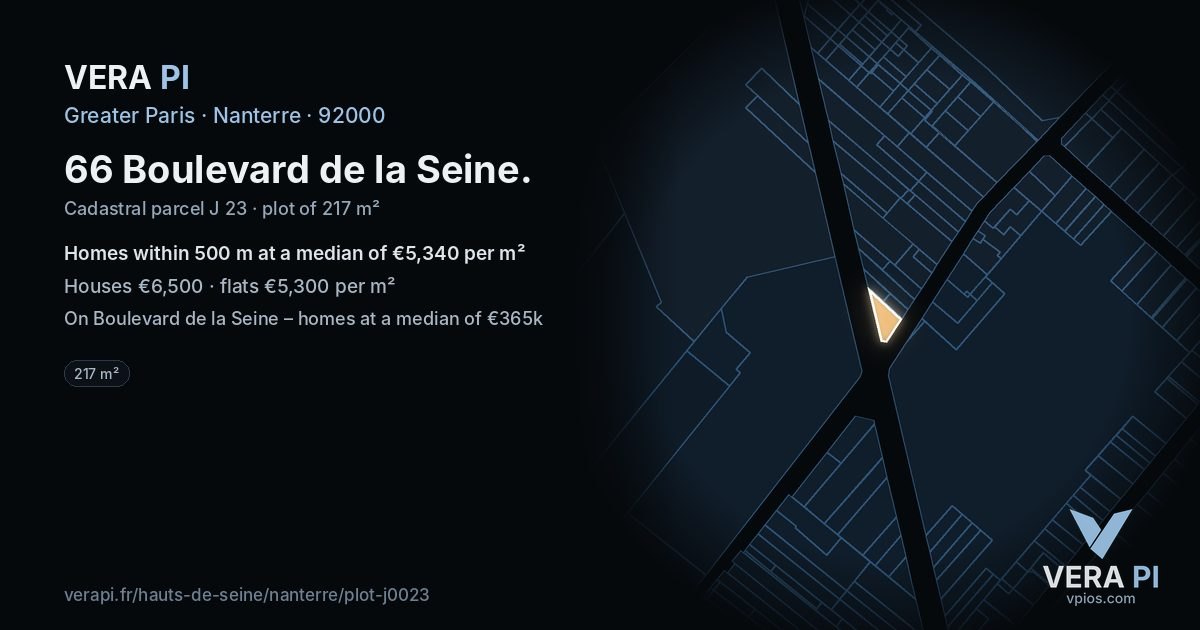 66 Boulevard de la Seine, Nanterre at night – the plot lit, the parcels around coloured by the prices near them
