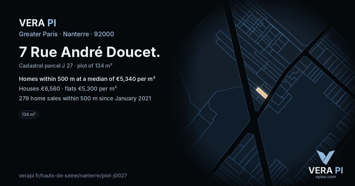 7 Rue André Doucet, Nanterre at night – the plot lit, the parcels around coloured by the prices near them