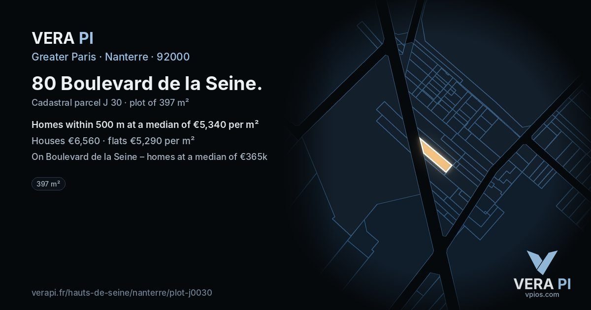 80 Boulevard de la Seine, Nanterre at night – the plot lit, the parcels around coloured by the prices near them