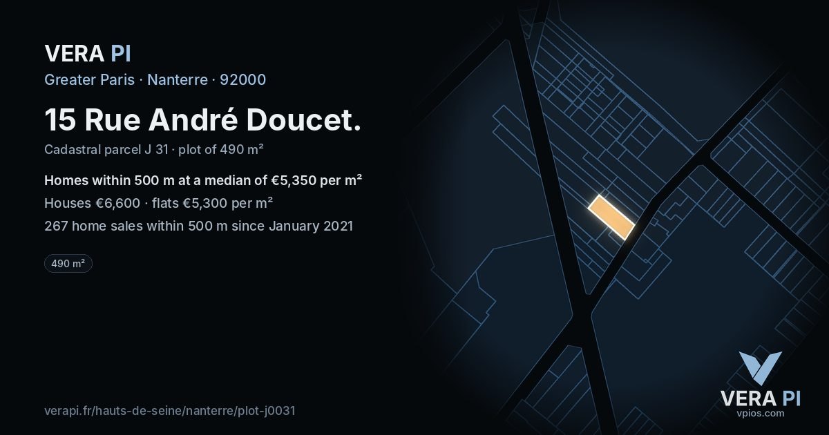 15 Rue André Doucet, Nanterre at night – the plot lit, the parcels around coloured by the prices near them