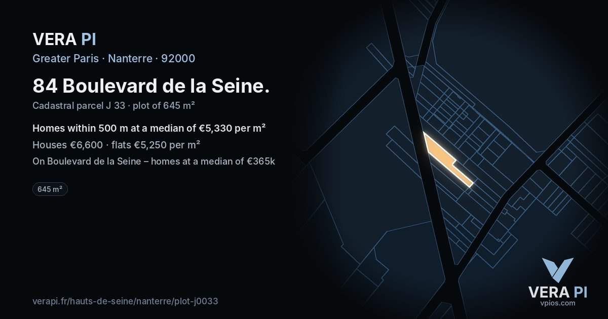 84 Boulevard de la Seine, Nanterre at night – the plot lit, the parcels around coloured by the prices near them