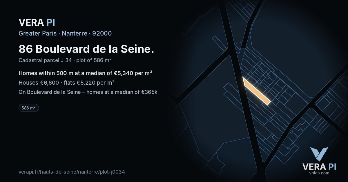 86 Boulevard de la Seine, Nanterre at night – the plot lit, the parcels around coloured by the prices near them