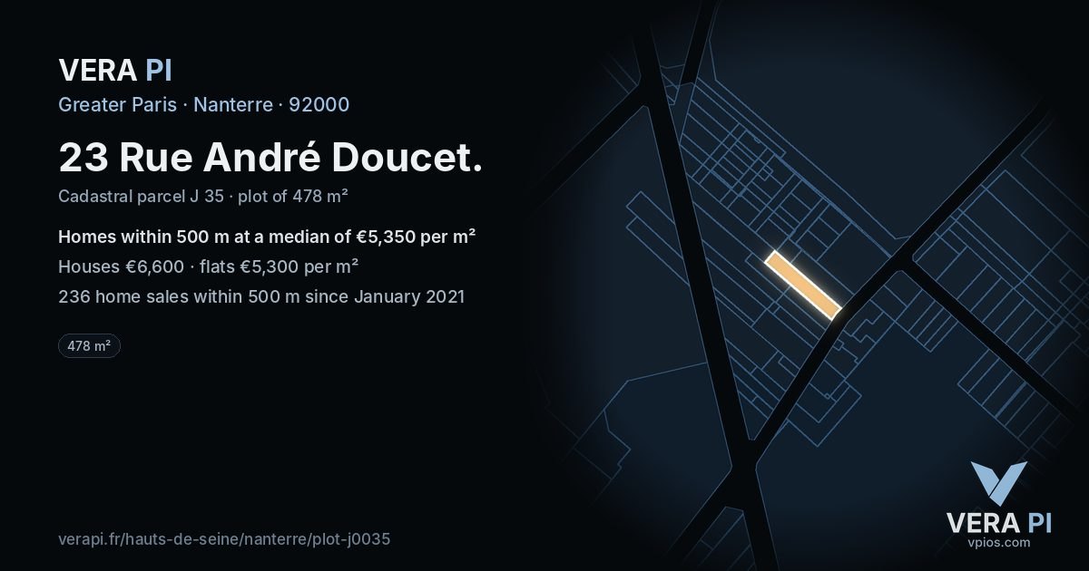 23 Rue André Doucet, Nanterre at night – the plot lit, the parcels around coloured by the prices near them