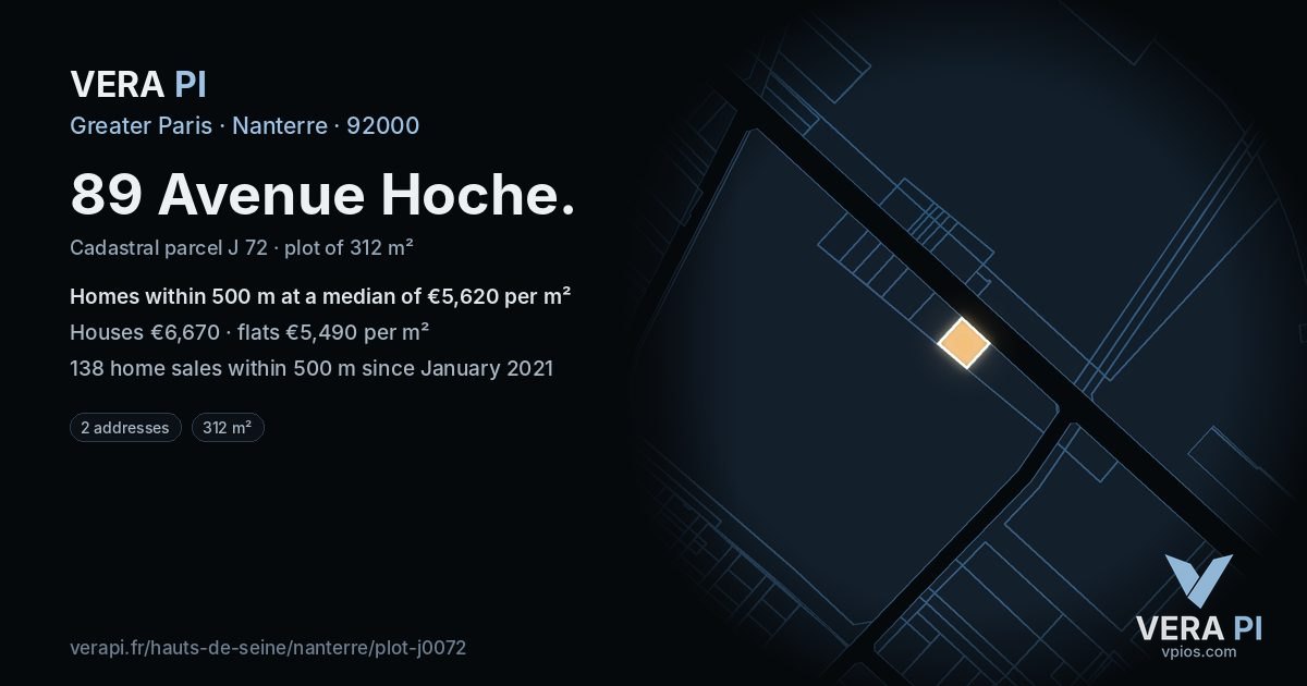 89 Avenue Hoche, Nanterre at night – the plot lit, the parcels around coloured by the prices near them