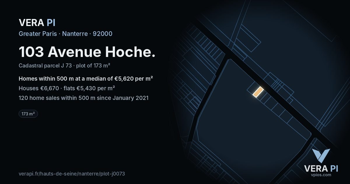 103 Avenue Hoche, Nanterre at night – the plot lit, the parcels around coloured by the prices near them