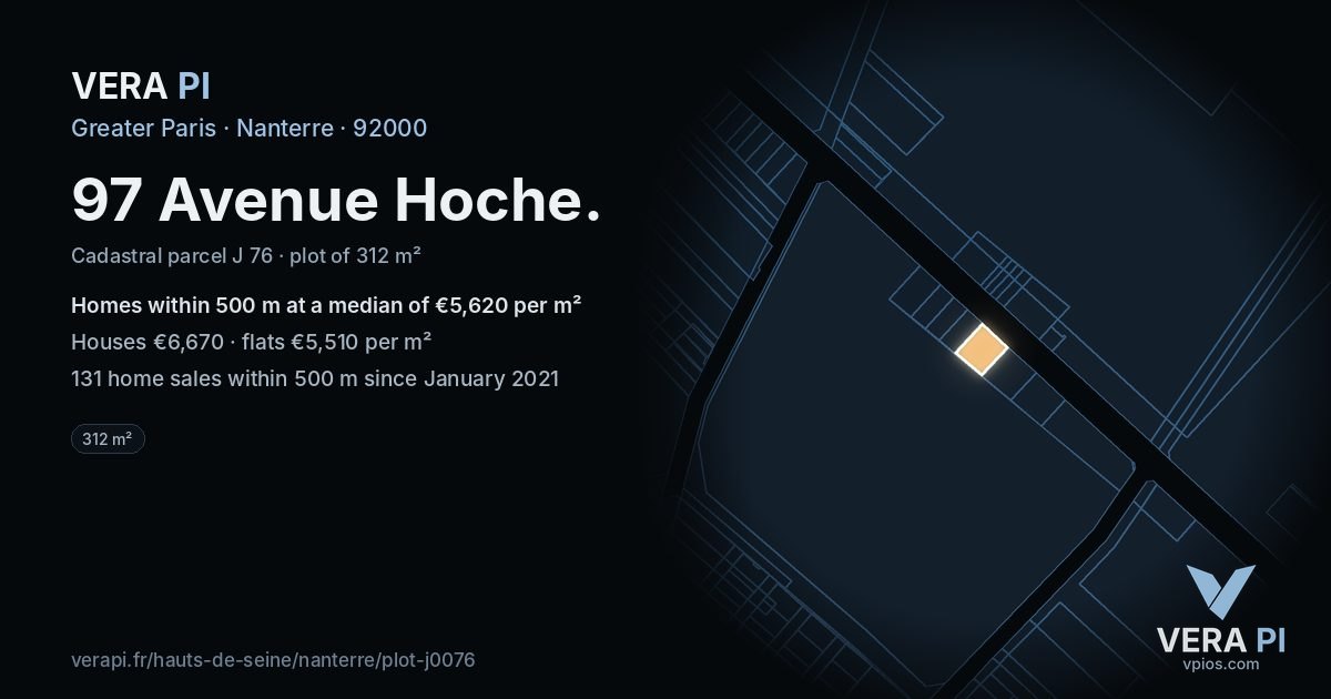 97 Avenue Hoche, Nanterre at night – the plot lit, the parcels around coloured by the prices near them