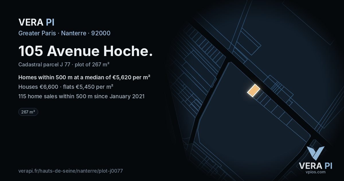 105 Avenue Hoche, Nanterre at night – the plot lit, the parcels around coloured by the prices near them
