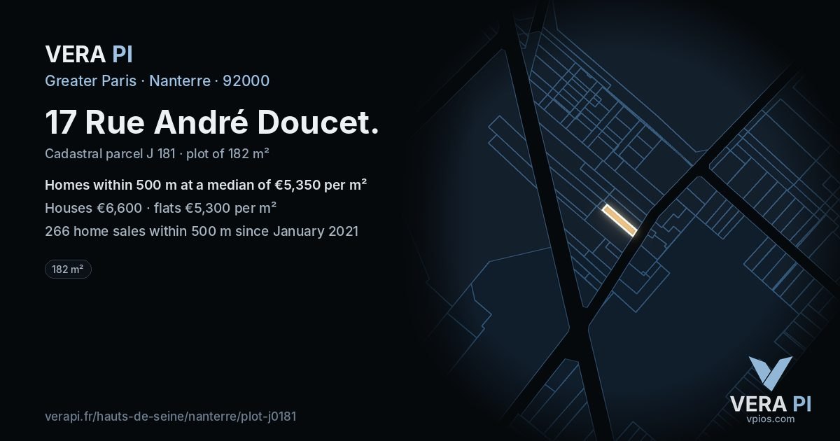 17 Rue André Doucet, Nanterre at night – the plot lit, the parcels around coloured by the prices near them