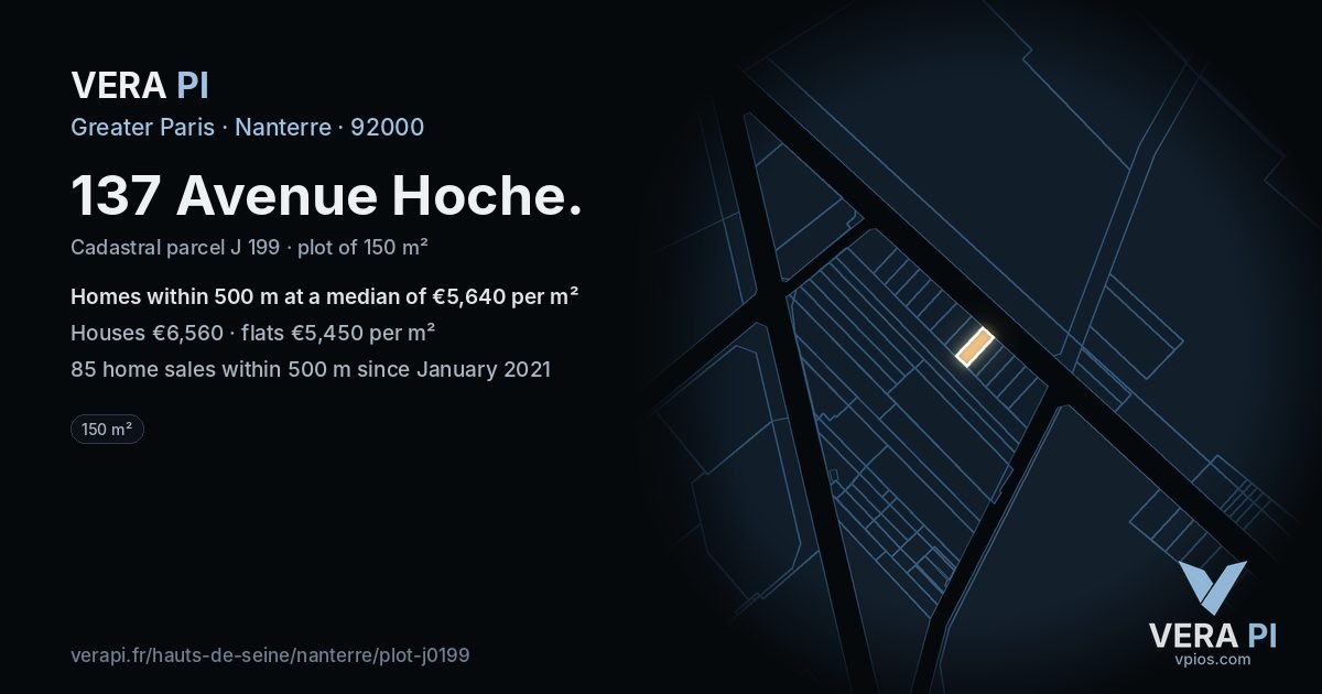 137 Avenue Hoche, Nanterre at night – the plot lit, the parcels around coloured by the prices near them