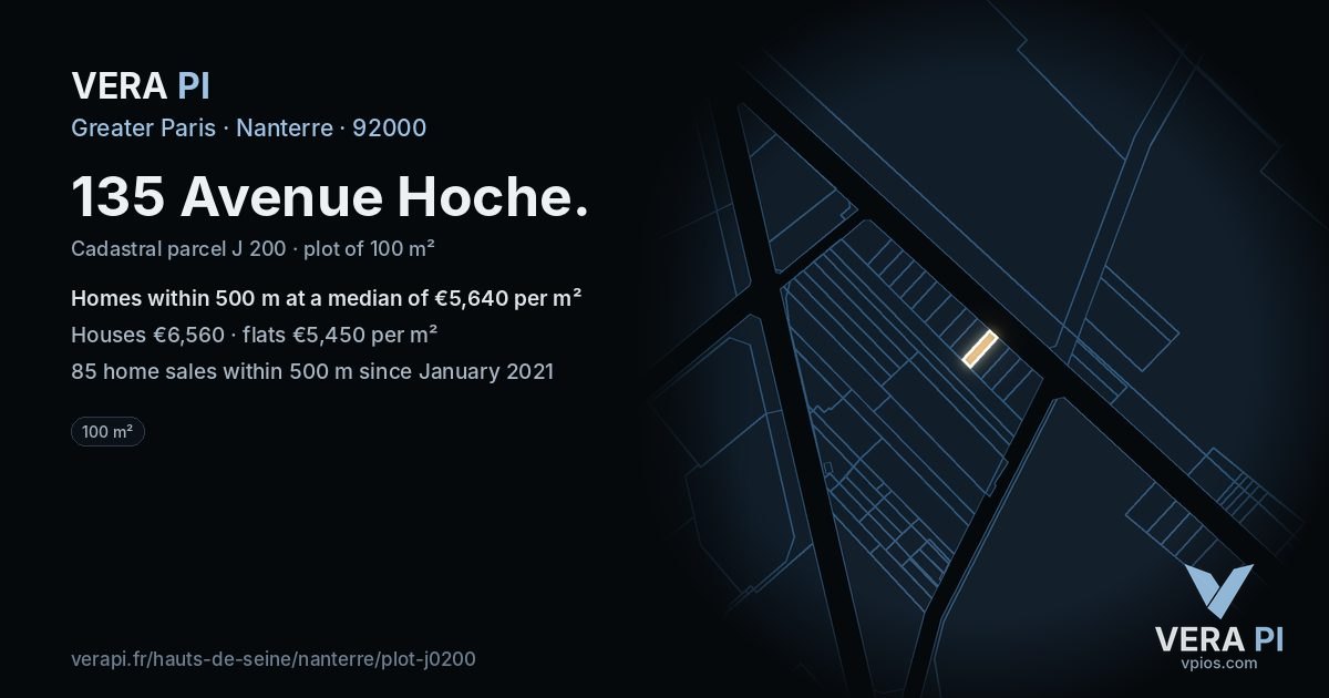 135 Avenue Hoche, Nanterre at night – the plot lit, the parcels around coloured by the prices near them