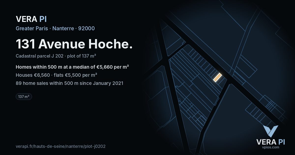 131 Avenue Hoche, Nanterre at night – the plot lit, the parcels around coloured by the prices near them
