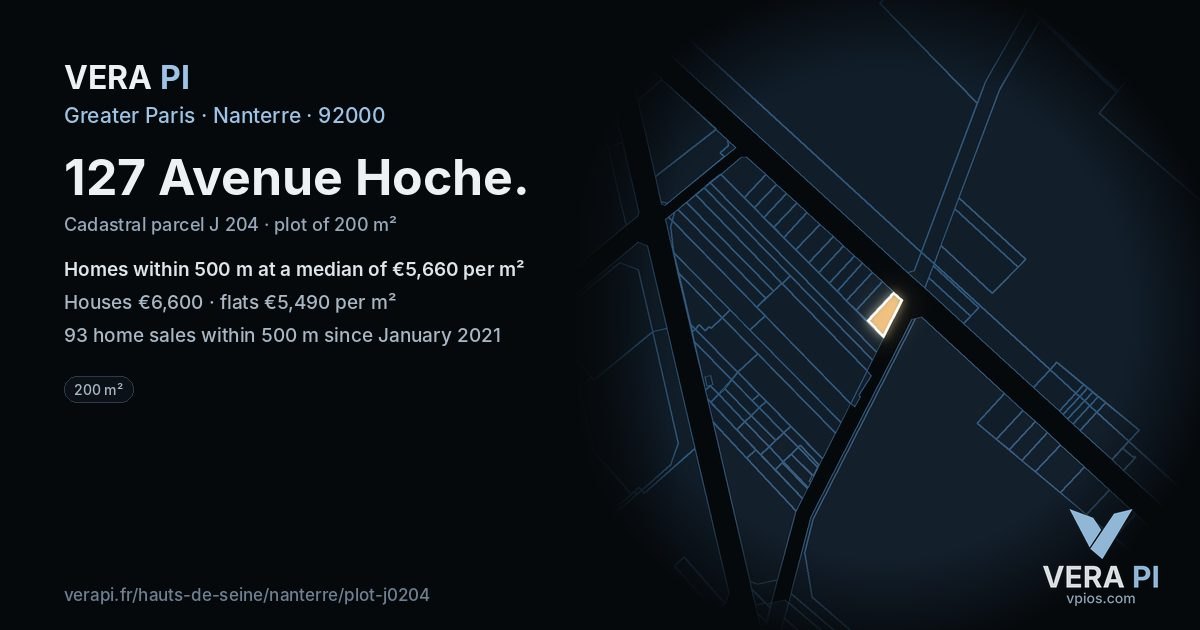 127 Avenue Hoche, Nanterre at night – the plot lit, the parcels around coloured by the prices near them