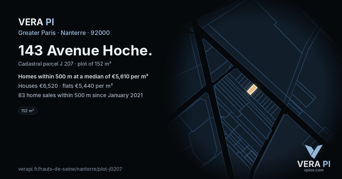 143 Avenue Hoche, Nanterre at night – the plot lit, the parcels around coloured by the prices near them