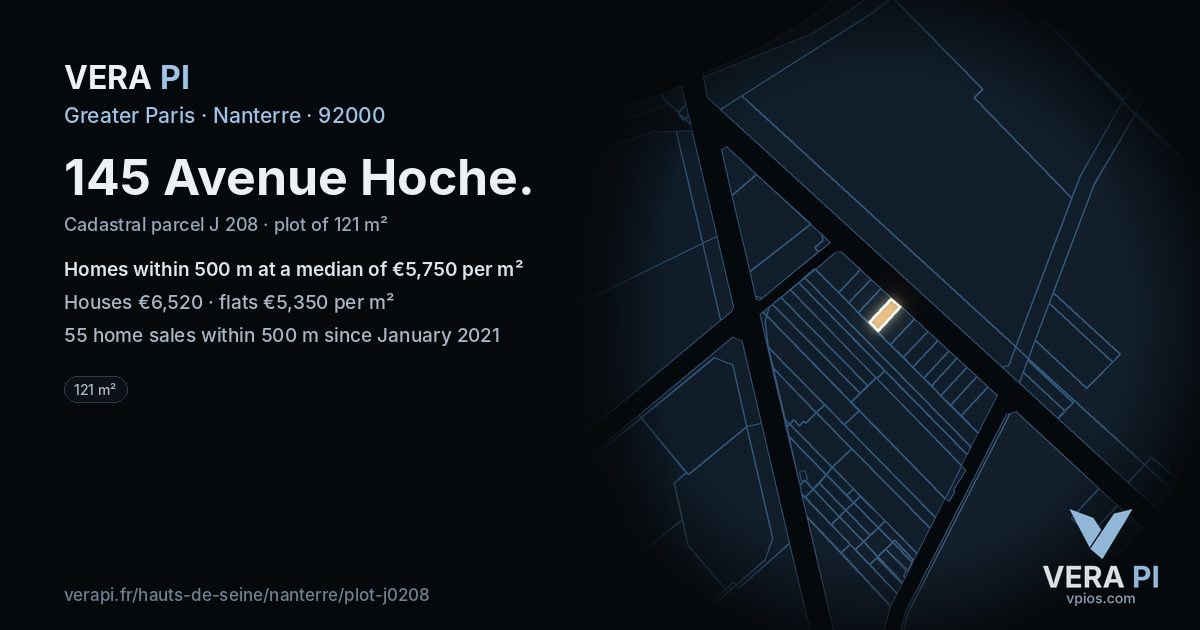 145 Avenue Hoche, Nanterre at night – the plot lit, the parcels around coloured by the prices near them