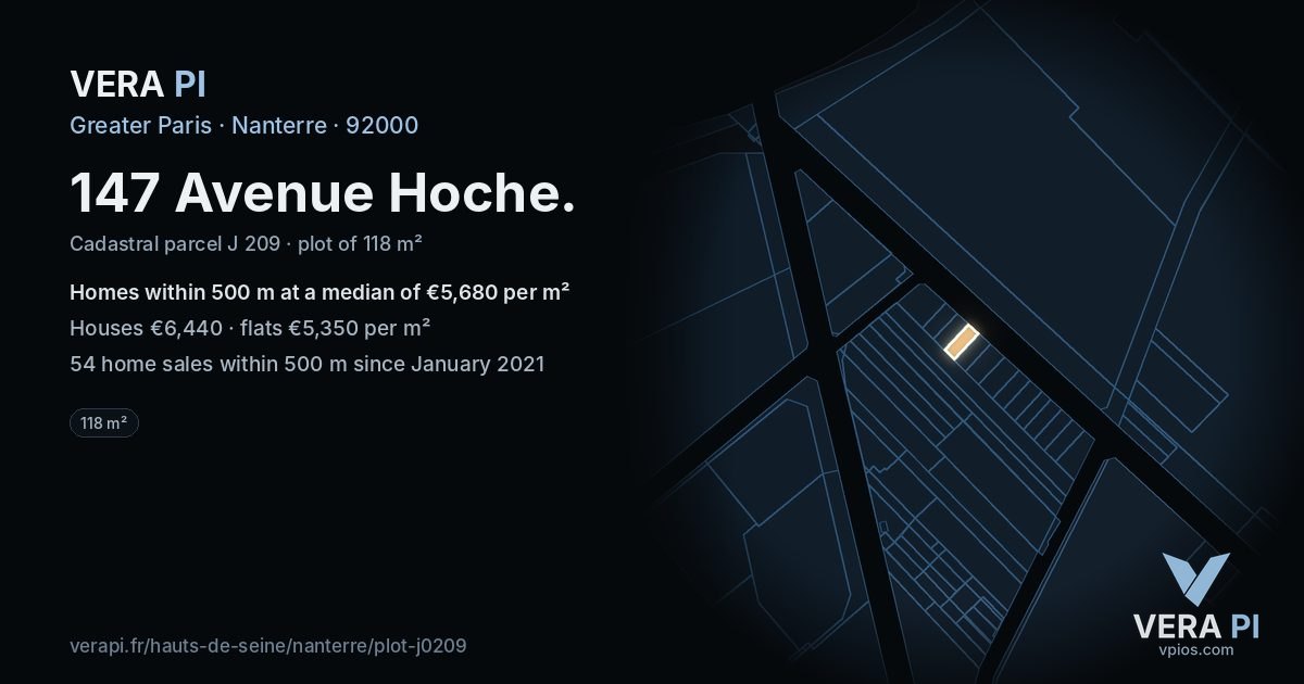 147 Avenue Hoche, Nanterre at night – the plot lit, the parcels around coloured by the prices near them