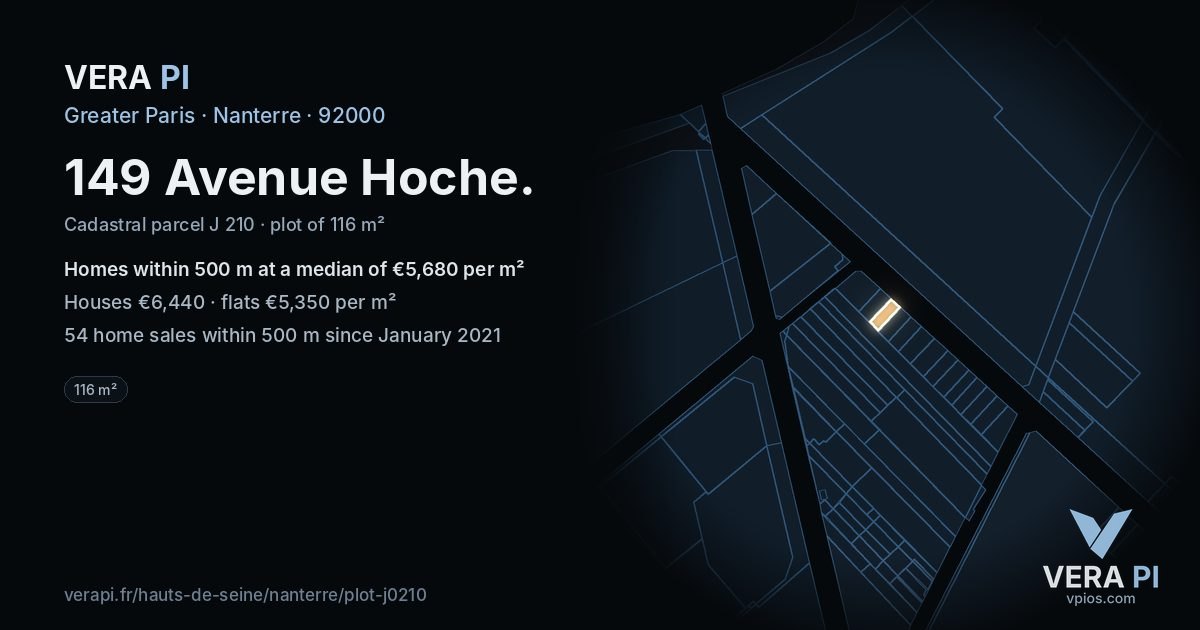 149 Avenue Hoche, Nanterre at night – the plot lit, the parcels around coloured by the prices near them