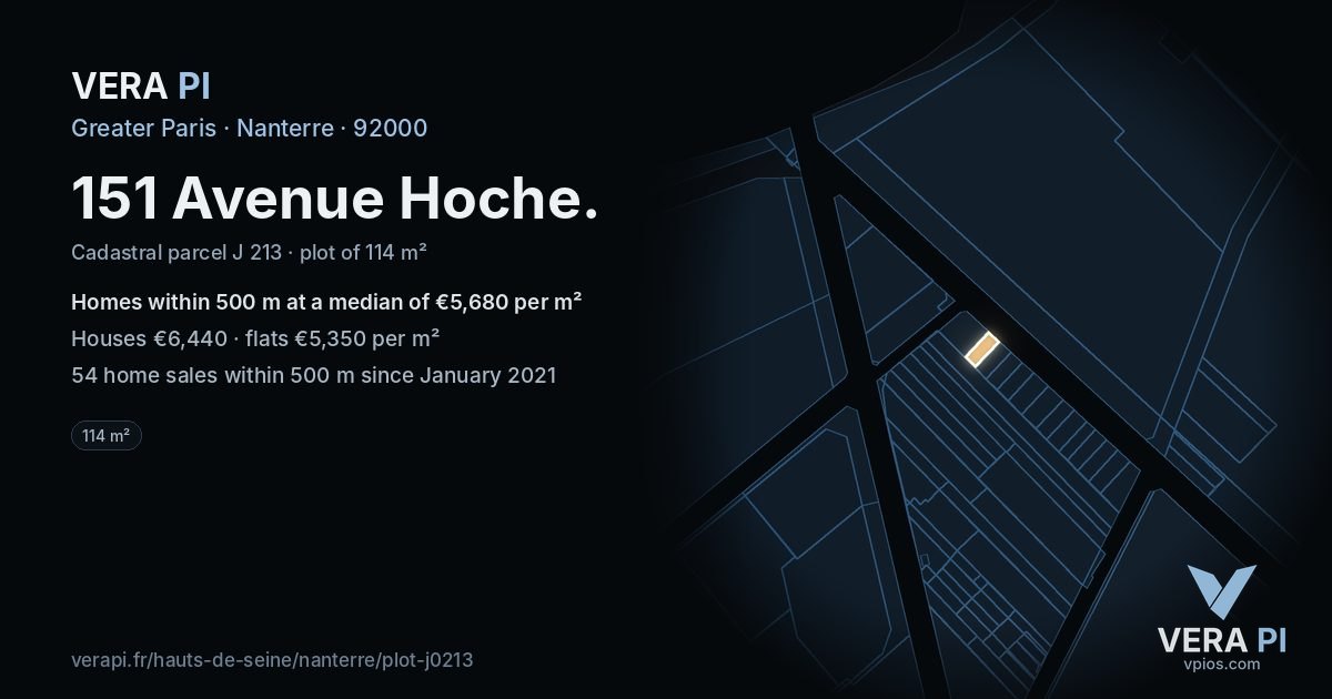 151 Avenue Hoche, Nanterre at night – the plot lit, the parcels around coloured by the prices near them