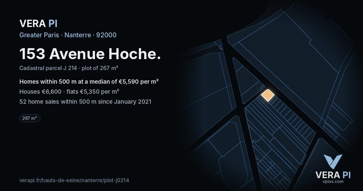 153 Avenue Hoche, Nanterre at night – the plot lit, the parcels around coloured by the prices near them