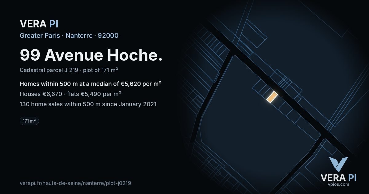 99 Avenue Hoche, Nanterre at night – the plot lit, the parcels around coloured by the prices near them