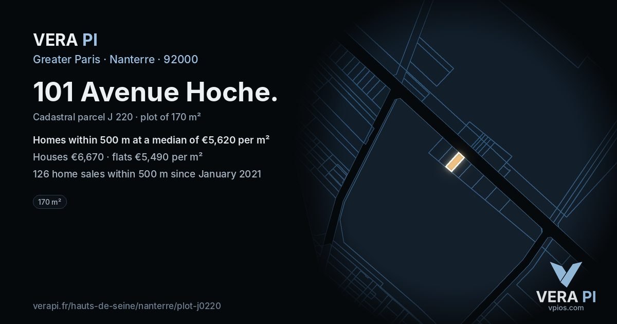101 Avenue Hoche, Nanterre at night – the plot lit, the parcels around coloured by the prices near them