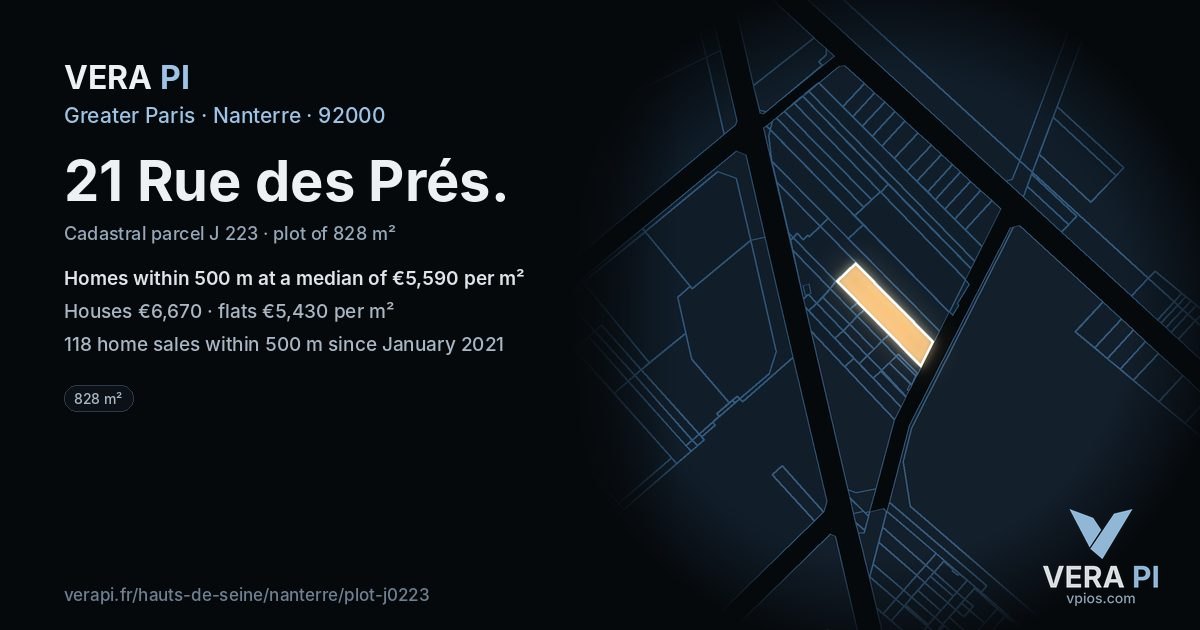 21 Rue des Prés, Nanterre at night – the plot lit, the parcels around coloured by the prices near them