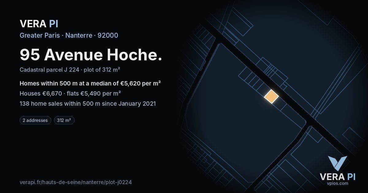 95 Avenue Hoche, Nanterre at night – the plot lit, the parcels around coloured by the prices near them