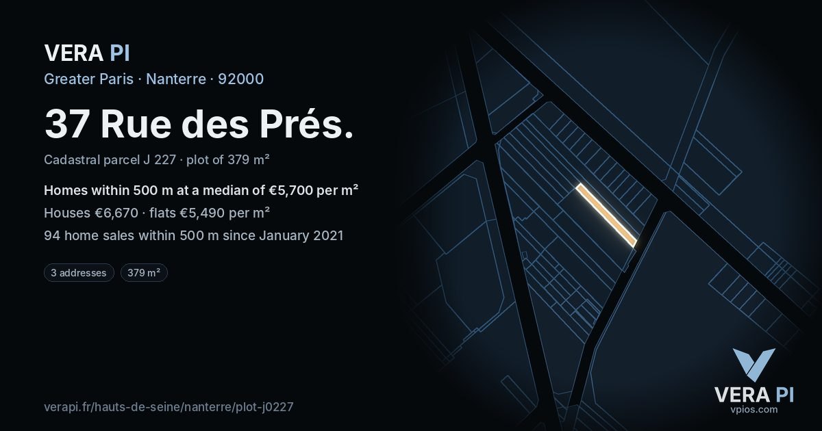 37 Rue des Prés, Nanterre at night – the plot lit, the parcels around coloured by the prices near them