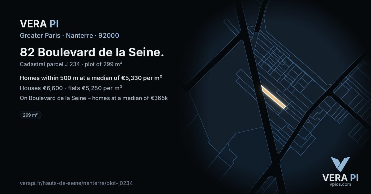 82 Boulevard de la Seine, Nanterre at night – the plot lit, the parcels around coloured by the prices near them