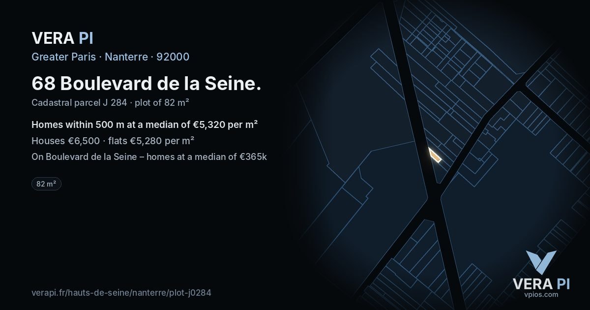 68 Boulevard de la Seine, Nanterre at night – the plot lit, the parcels around coloured by the prices near them