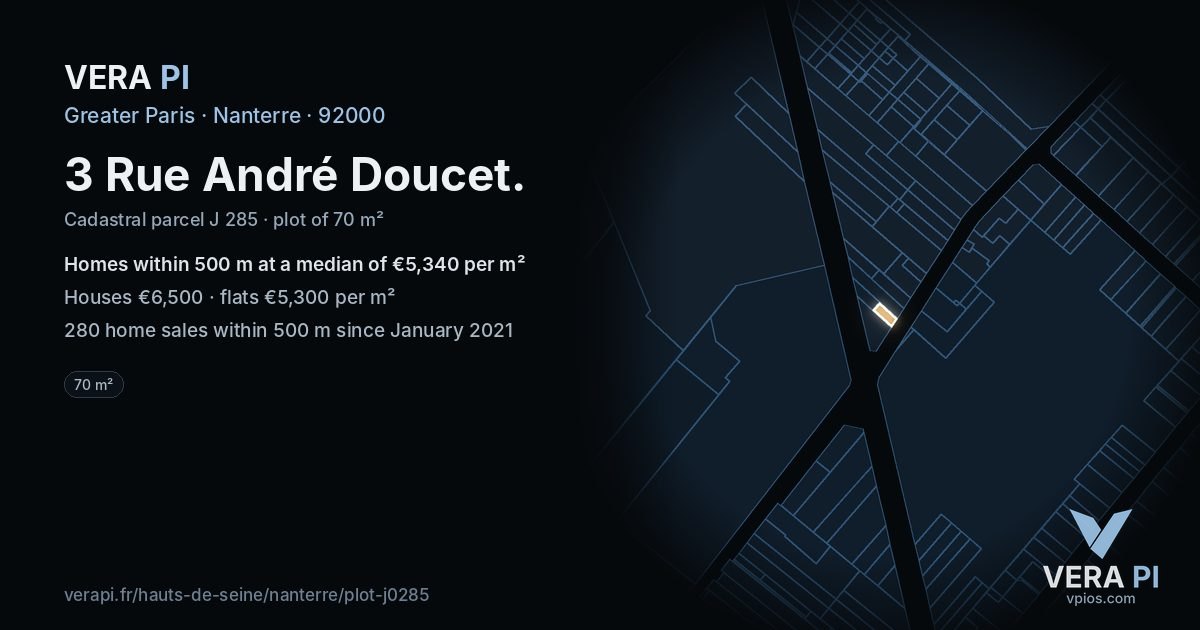 3 Rue André Doucet, Nanterre at night – the plot lit, the parcels around coloured by the prices near them