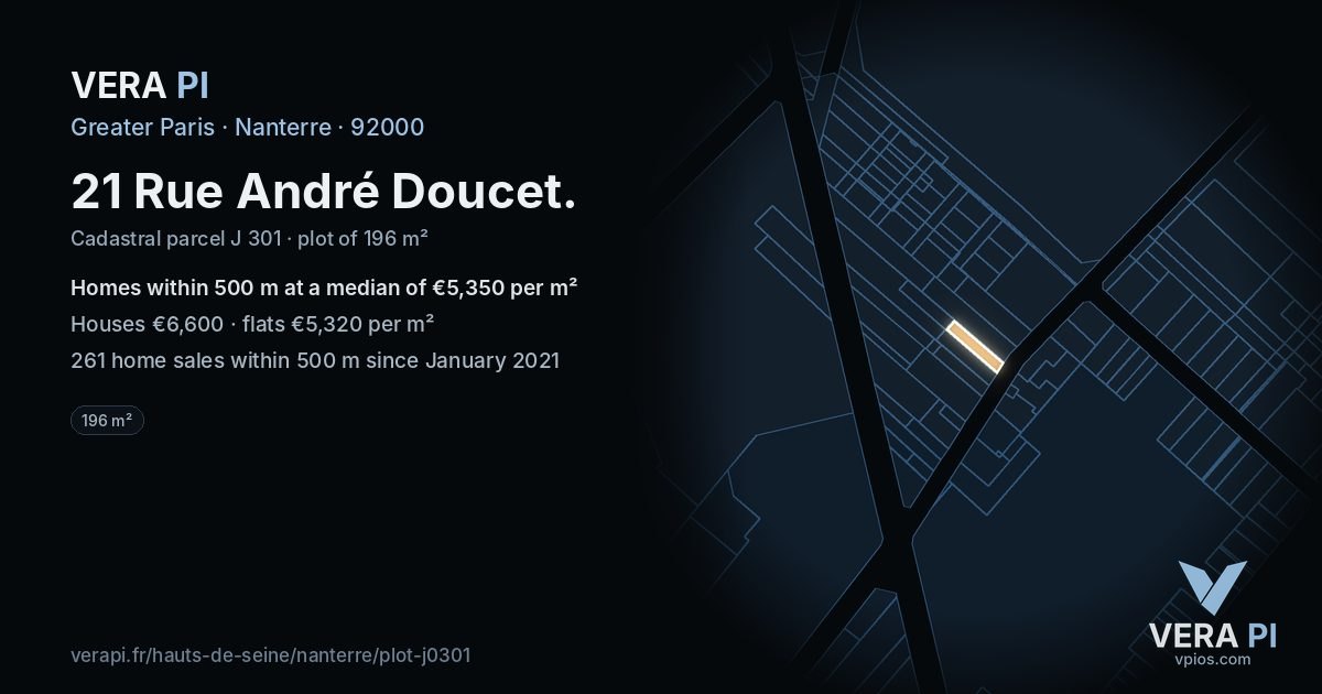 21 Rue André Doucet, Nanterre at night – the plot lit, the parcels around coloured by the prices near them