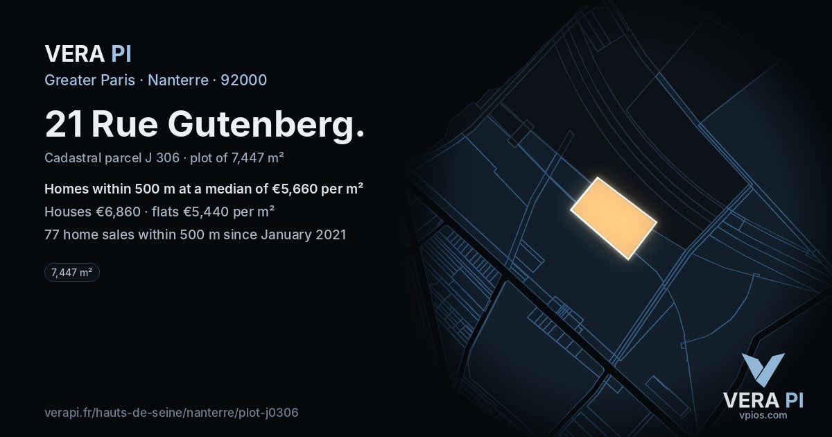 21 Rue Gutenberg, Nanterre at night – the plot lit, the parcels around coloured by the prices near them