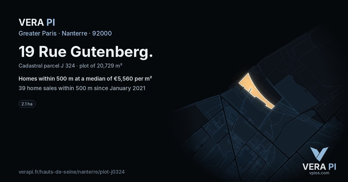 19 Rue Gutenberg, Nanterre at night – the plot lit, the parcels around coloured by the prices near them