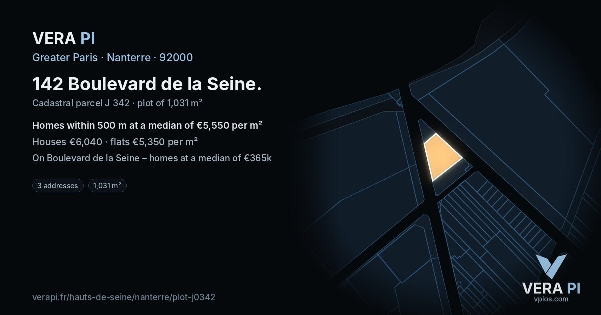 142 Boulevard de la Seine, Nanterre at night – the plot lit, the parcels around coloured by the prices near them