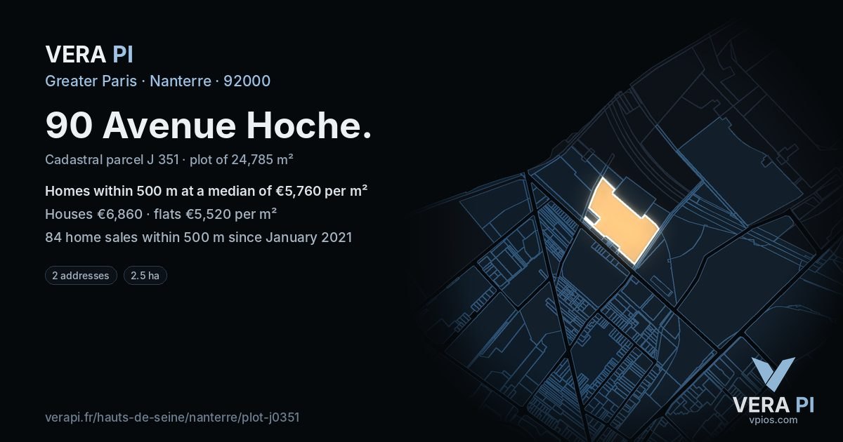 90 Avenue Hoche, Nanterre at night – the plot lit, the parcels around coloured by the prices near them