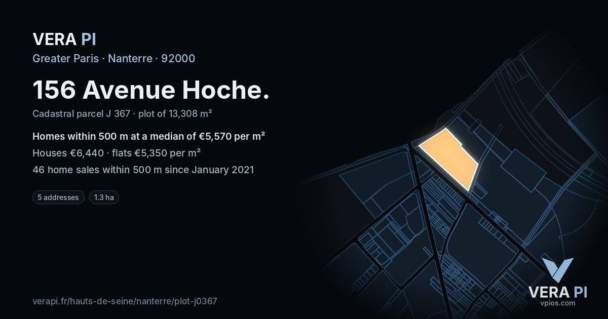 156 Avenue Hoche, Nanterre at night – the plot lit, the parcels around coloured by the prices near them