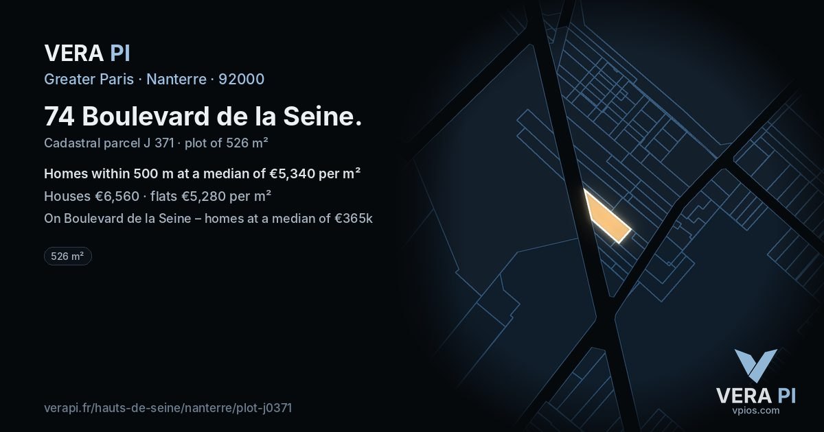 74 Boulevard de la Seine, Nanterre at night – the plot lit, the parcels around coloured by the prices near them