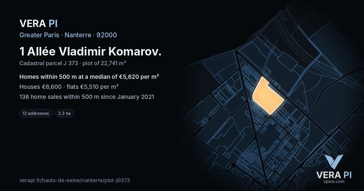 1 Allée Vladimir Komarov, Nanterre at night – the plot lit, the parcels around coloured by the prices near them