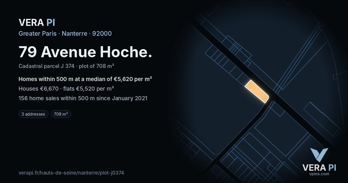 79 Avenue Hoche, Nanterre at night – the plot lit, the parcels around coloured by the prices near them