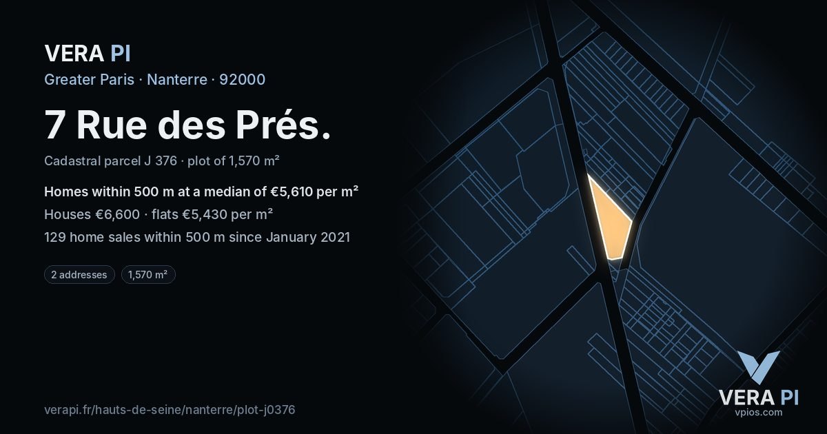 7 Rue des Prés, Nanterre at night – the plot lit, the parcels around coloured by the prices near them