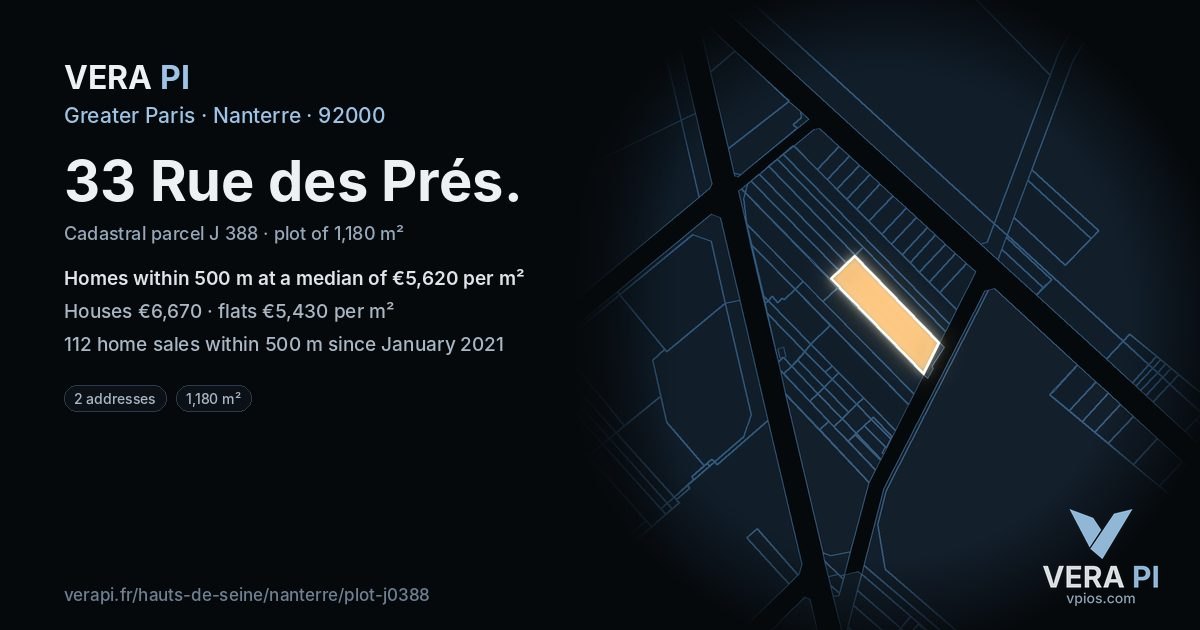 33 Rue des Prés, Nanterre at night – the plot lit, the parcels around coloured by the prices near them