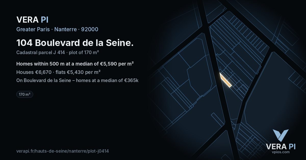 104 Boulevard de la Seine, Nanterre at night – the plot lit, the parcels around coloured by the prices near them