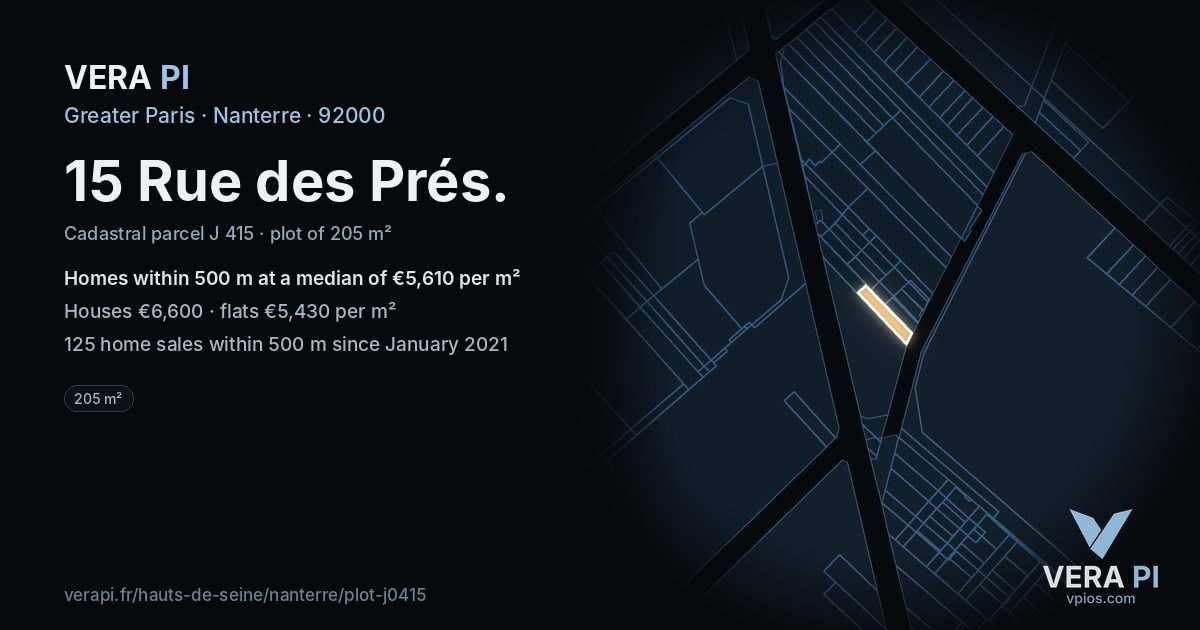 15 Rue des Prés, Nanterre at night – the plot lit, the parcels around coloured by the prices near them