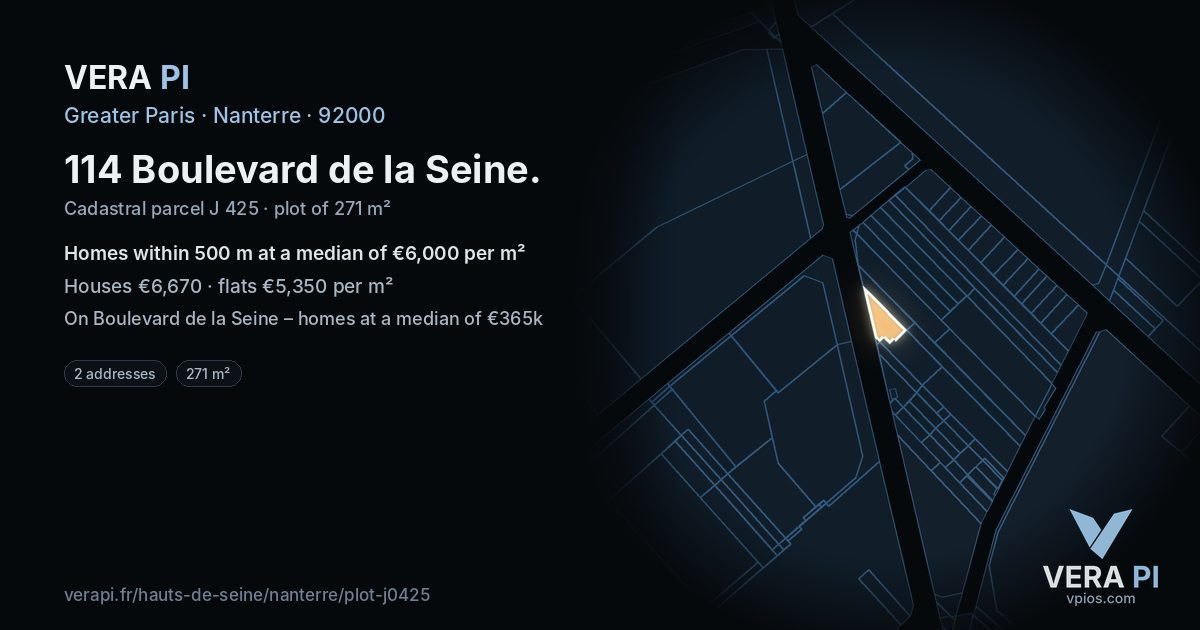 114 Boulevard de la Seine, Nanterre at night – the plot lit, the parcels around coloured by the prices near them