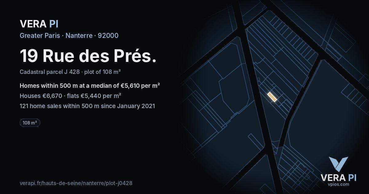 19 Rue des Prés, Nanterre at night – the plot lit, the parcels around coloured by the prices near them