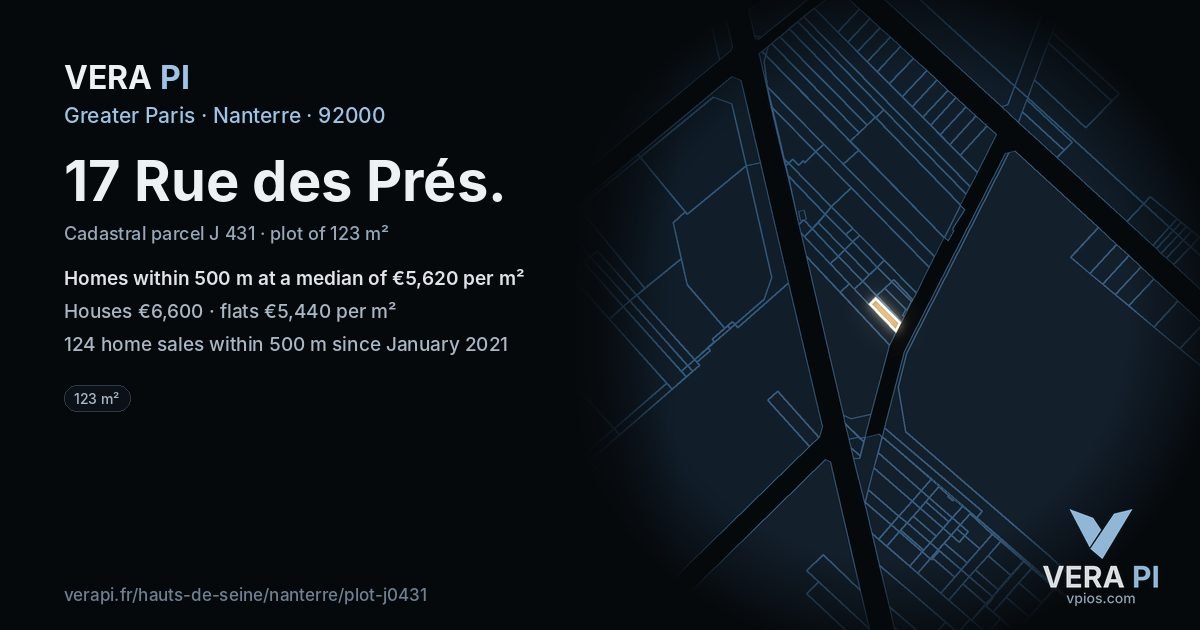 17 Rue des Prés, Nanterre at night – the plot lit, the parcels around coloured by the prices near them